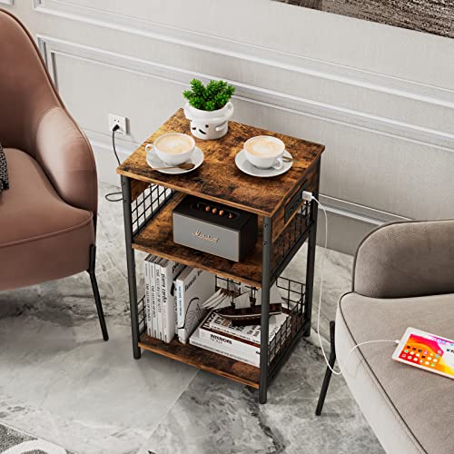Ldttcuk Side Table With Charging Station & Usb Ports,3-Tier End Table For Living Room,Study,Bedroom,Narrow Sofa Table Bedside Table With Storage Shelf,Small Nightstand,Rustic Brown #TOP7