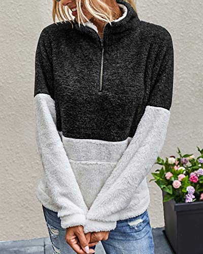 BTFBM Womens Sherpa Pullover Quarter Zip Long Sleeve Fluffy Soft Fleece Jackets Sweaters Sweatshirts Hoodies Outwear Coat (Black, Small)
