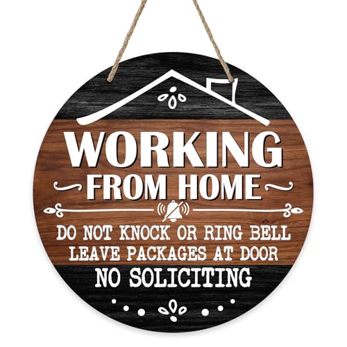 Image of Deroro No Soliciting Front Door Sign, Working from Home Wood Door Hanger Outdoor Outside Porch Decor, Please Do Not Knock Farmhouse Rustic Wooden Wreath Indoor Wall Hanging Decoration