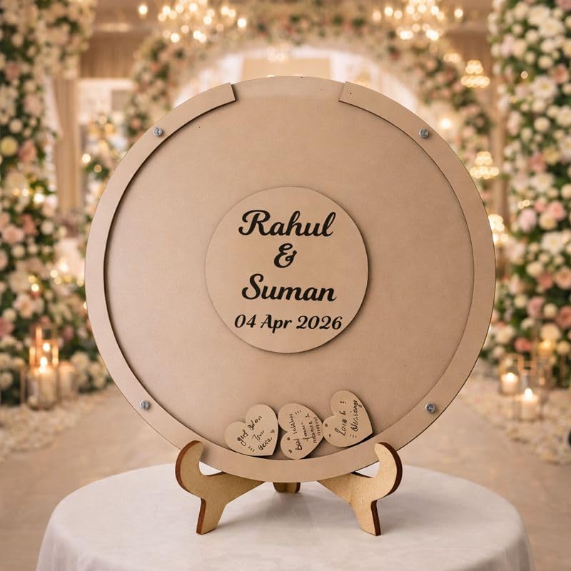 Circle Drop Box Wedding Guest Book Alternative with Wooden Hearts | Personalized Custom Name & Date Guestbook Frame for Wedding Reception & Shaadi Décor | 12x12, 15x15, 18x18 Inch-image-39