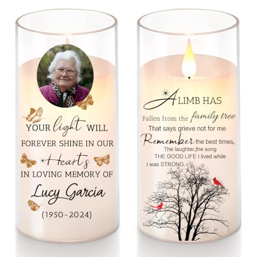 WOWTIFY Personalized Memorial Flameless Candles with Photo Name and Date,Custom Sympathy LED Pillar Candles for Loss of Love One,Battery Powered,Pure White Wax with Toughtful Saying