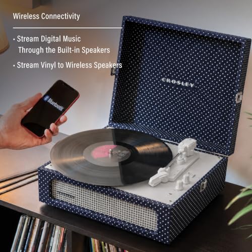 Image of Crosley CR8017B-ND Voyager Record Player, Navy Dot | 3-Speed Turntable, Bluetooth In / Out, Built-in Full-Range Stereo Speakers, Adjustable Pitch Control