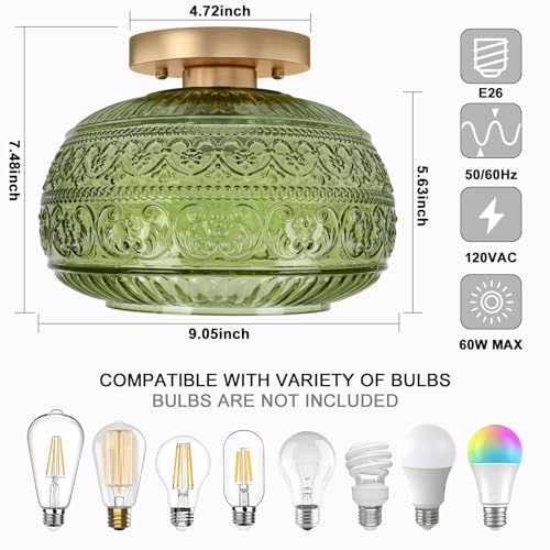 Semi Flush Mount Ceiling Light, Upgraded Modern Close to Ceiling Light Fixture with Green Glass,Gold Indoor Kitchen Lighting for Porch Corridor Hallway Bedroom, Bulb Not Included
