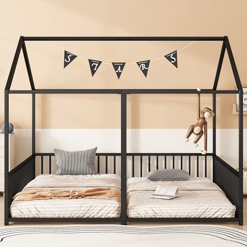 VIVCA Cama infantil de metal 90 x 200 cm modelado de casa sin colchón barandilla escalera doble diseño marco de hierro negro