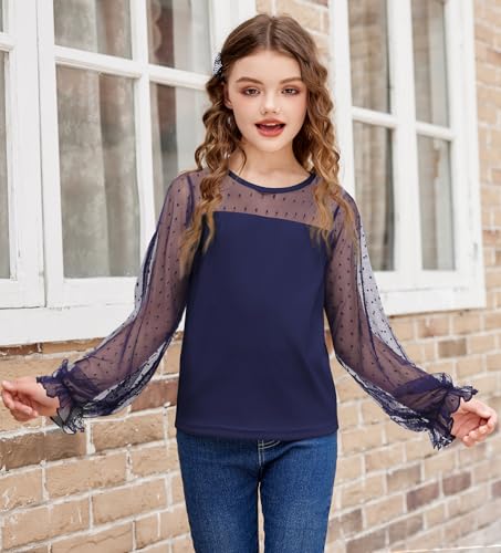 Arshiner Girls Long Sleeve Shirts with Sheer Puff Cute Lantern Sleeve Design Lady Style Swiss Dots Tops for Girls Blouse Tee2