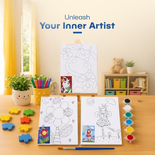 Image of Neomate Canvas Painting Kit for Kids | DIY Painting Set with 3 Printed Canvas, 6 Acrylic Paint Pots & Brush | Art and Craft Kit, Paint Kit for Kids, Birthday Gift, Return Gift, Creative Activity Set