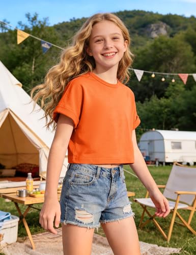 Image of Girls Crop Tops Short Sleeve T-Shirts for Girl Crew-Neck Basic Tee Size 7-14 Years