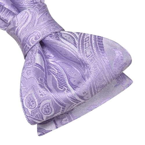 Image of Hi-Tie 5Pcs Mens Solid Color Silk Tie Satin Pretied Bowtie Lapel Pin for Men Handkerchief Cufflink Wedding Gift Box