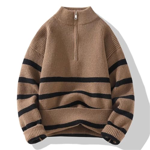 Men's Autumn and Winter Striped Quarter Zip Turtleneck Long Sleeve Casual Knitted Pullover2