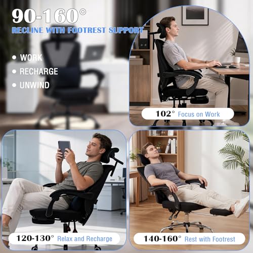 Image of Ergonomic Office Chair with Footrest - Adjustable Lumbar Support & 3D Headrest, 90-160 Reclining Mesh High-Back Rolling Work Swivel Computer Chair-400lbs Capacity