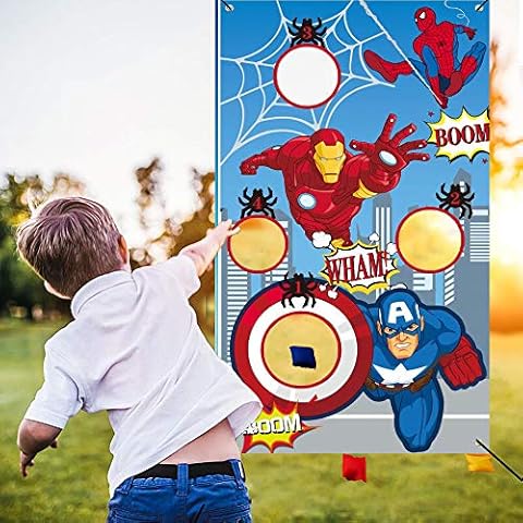 Superhero Toss Games-Throwing Game Banner with 3 Bean Bags-Superhero Party Supplies for Kids and Adults Indoor Outdoor Superhero Party Decorations Kids Carnival Games Cover