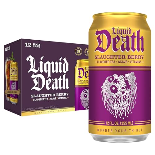 Liquid Death, Slaughter Berry Iced Tea, 12-Pack (12 oz Cans), Raspberry Flavored Black Tea, Low Calorie, No Artificial Sweeteners, B12 & B6 Vitamins