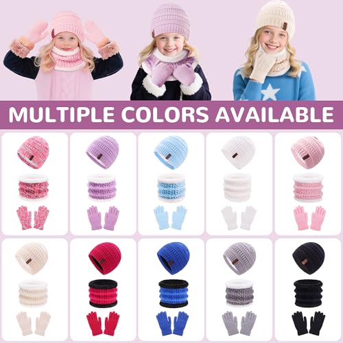 Image of 3 Pack Winter Beanie Hat Scarves Gloves for Boys Girls 2-6-10-14 Years Boys Girls Thermal Warm Thick Knit Fleece Lined Set