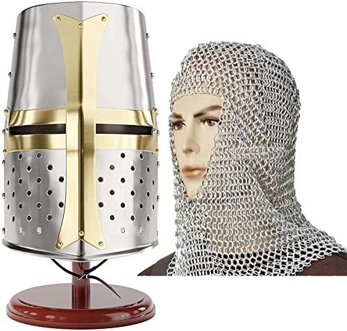 Image of AnNafi Medieval Knight Armor Crusader Helmet + Aluminium Chainmail Coif Headpiece Hood V-Neck+ Helmet Stand, Larp Knight Crusades Costume Templar Reenactment Cosplay, Medieval Costumes Helm Armor SCA