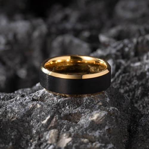 NUNCAD 8mm Tungsten Ring for Men, Black and 14K Gold Mens Wedding Band Matte Brush Finish, Beveled Polished Edge, Comfort Fit, Size 7-124