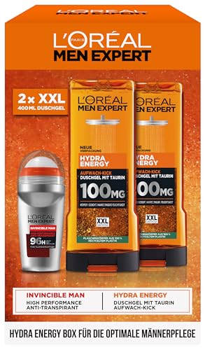 L'Oréal Men Expert Pflegeset für Männer, Geschenkset mit XXL Duschgel und Deoroller, Geschenke für Herren inklusive Bodywash und Deo Roll-On, Hydra Energy, Heat Protect, 2 x 400 ml, 1 x 50 ml