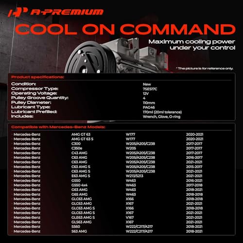 A-Premium Air Conditioner AC Compressor with Clutch Compatible with Mercedes-Benz C300, C350e, C43 C63 E63 AMG S, GLC63 AMG, S560, S63 AMG by A-Premium - Image 2