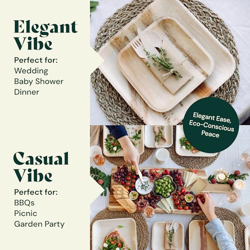 Chic Biodegradable Palm Leaf Party Supplies for 45 Guests - 340 Pcs Disposable Dinnerware Set with Plates, Cups, Napkins, Forks, Knives, and Spoons