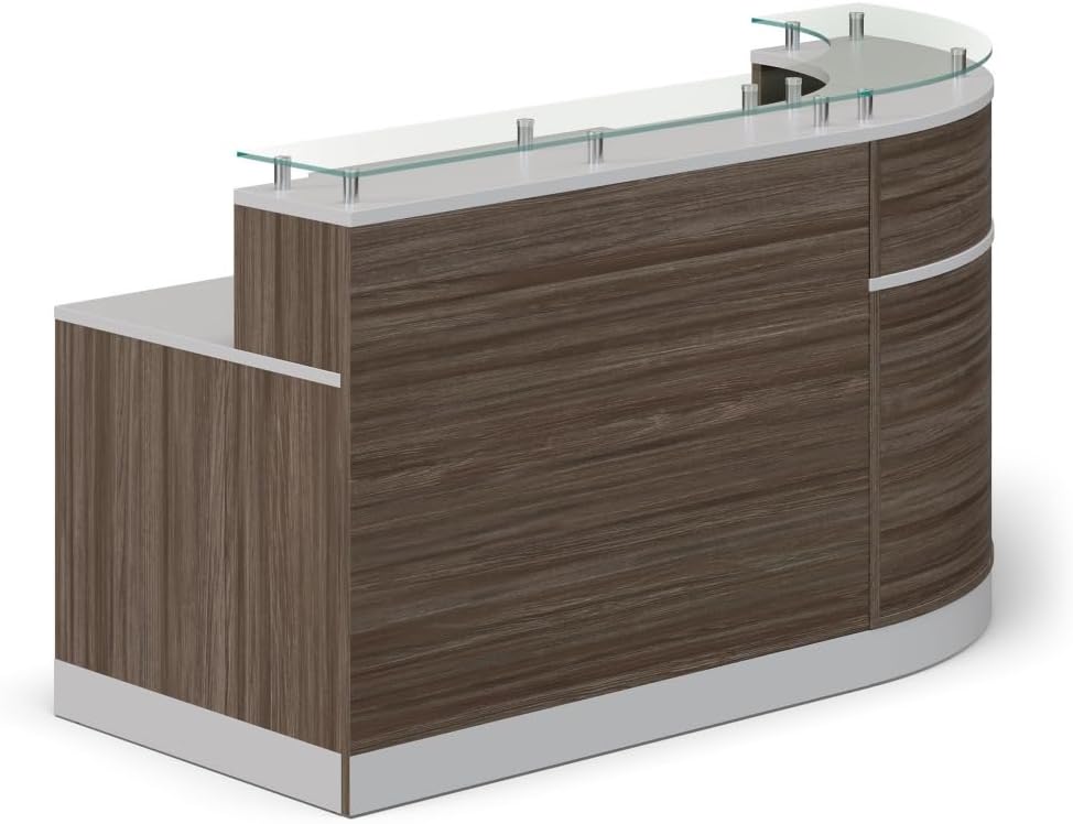 NBF L Shaped Modern Reception Desk with Counter - 79" W x 63" D Retail Checkout Counter - Curved Front Desk Reception Station - Countertop Welcome Station for Office Lobby Salon Store (Driftwood)