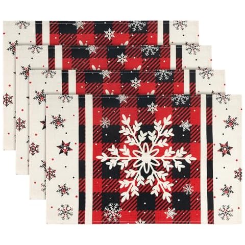 Wowang Plaid Snowflakes Christmas Placemats Set of 4, 12x18 Inch Rectangle Placemats Winter Table Mats for Holiday Party Table Placemats Kitchen Dining Decoration Cover