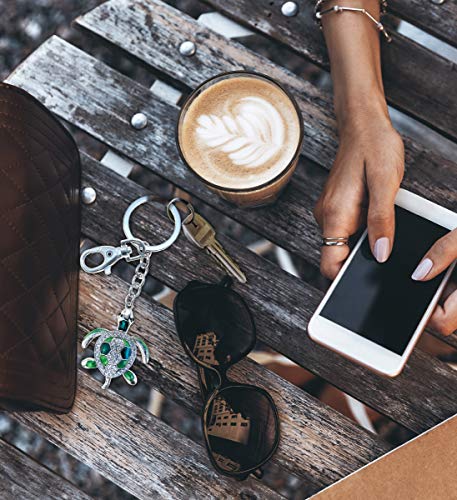 Aqua79 Green Sea Turtle Keychain - Silver 3D Sparkling Charm Rhinestones Fashionable Stylish Metal Alloy Durable Key Ring Bling Crystal Jewelry Accessory, Clasp For Key Chain, Purse, Backpack, Handbag #TOP6