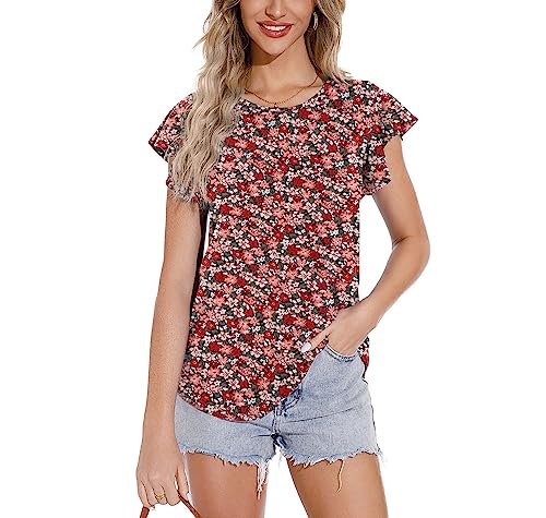 PrinStory Damen T Shirts Lässige Rüschen Sommer Rundhals Tops Damen Tee Kurzarm Blau Grün Oberteile Für Frauen Mittel (Blumen Schwarz...