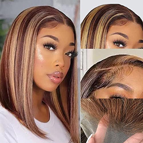 Mzkew Ombre Bob Lace Front Wigs 13x4 Ombre Human Hair Bobs Pre Plucked with Baby Hair 150% Density Glueless Highlight Short Bob Wig Honey Blonde Bob Wig Human Hair for Black Women（10 inch）