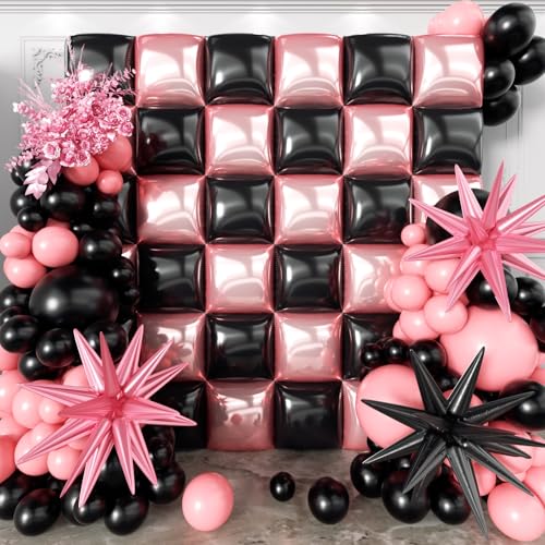 Image of 36pcs Black and Pink Square Foil Balloons Wall Backdrop with 147pcs Balloon Garland Arch Kit, Double Sided Balloons for Bachelorette Baby Shower Birthday Anniversary Prom Party Decorations