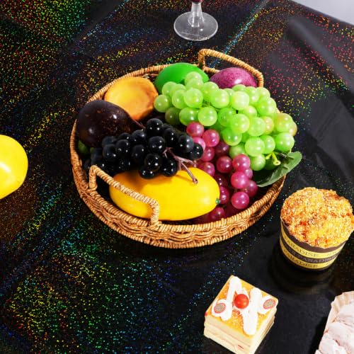 Image of 6 Pack Iridescent Black Plastic Tablecloths, Shiny Disposable Laser Rectangle Table Covers, Holographic Foil Tablecloth for Halloween Birthday Space Graduation Black Themed Party, 54x108Inch