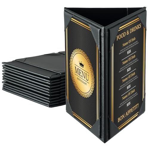 flkqc table tent triangle menu holders 4 x 6 12 pack 3-side leatherette picture frames menu cover with angled corners for restaurant bar cafe wedding durable and foldable design