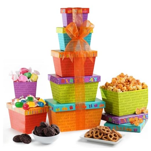 Broadway Basketeers Gourmet Food Gift Basket Tower for Birthdays – Curated Snack Box, Sweet and Savory Treats for Parties, Best Wishes, Birthday Presents for Women, Men, Mom, Dad, Her, Him, Families
