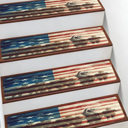Alfombras antideslizantes para escaleras de 10 peldaños diseño bandera americana soldados 3