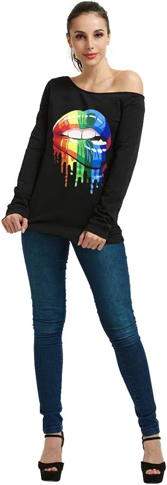 MAGICMK Woman’s Sweatershirt Lips Print Causal Blouse Off The Shoulder Long Sleeve Loose Slouchy Pullover Plus Size Tops - Image 5