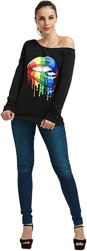 Miniatura 4 de Magicmk - Sudadera de hombro descubierto y mangas largas, con estampado de labios de mujer, en talla extragrande, para mujer