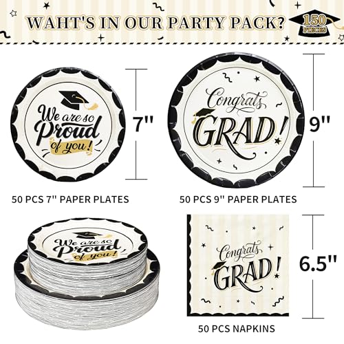 CheerBox Black and White Disposable Dinnerware Set for 50 Guests - 150 Pcs Graduation Party Supplies with Thickened Plates, Dessert Plates and Napkins by CheerBox - Used condition - Image 2