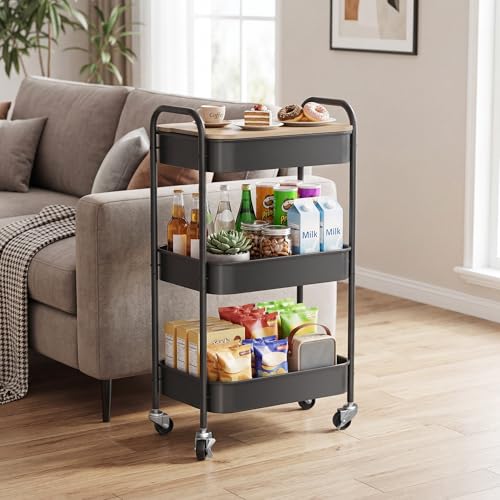 Image of DTK 3 Tier Rolling Cart with Wheels, Heavy Duty Metal Utility Cart, Mobile Storage Organizer with Lockable Casters, Multi-Purpose Rolling Cart for Nursery, Bathroom, Kitchen, Office, Classroom