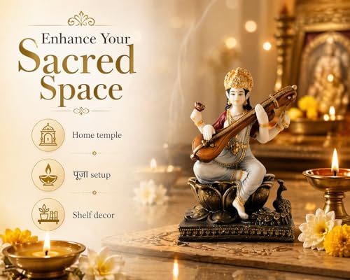 Image of ARMONIA Saraswati Devi Idol with Veena 7.8 Inch Home Decor |Polystone Figurine Marble Looks|Maa Saraswati Murti for Pooja,Mandir,Showpiece & Gifting Item|Best Religious Gift for Wedding & Housewarming