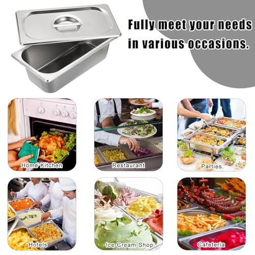 BSTKEY 4 Pack 1/3 Size 3-5/8\" Depth Hotel Pan with Lids, Stainless Steel Steam Table Pan, Stackable Metal Catering Pans Commercial Food Pans for Kitchen Restaurant Buffet Party Supplies