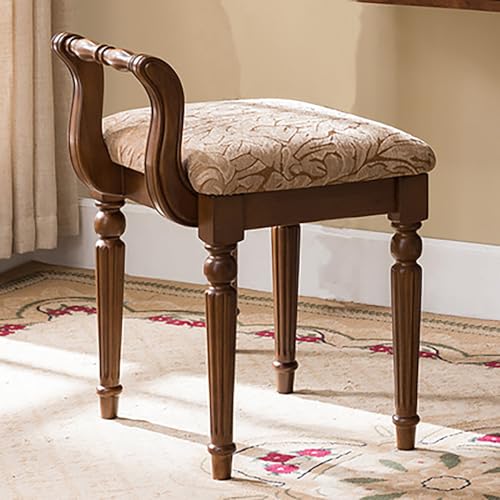 Vintage Vanity Stool, Solid Wood Vanity Bench Chair with Carved Legs, Low Back Piano Stool for Living Room Bedroom Makeup Room (Brown)