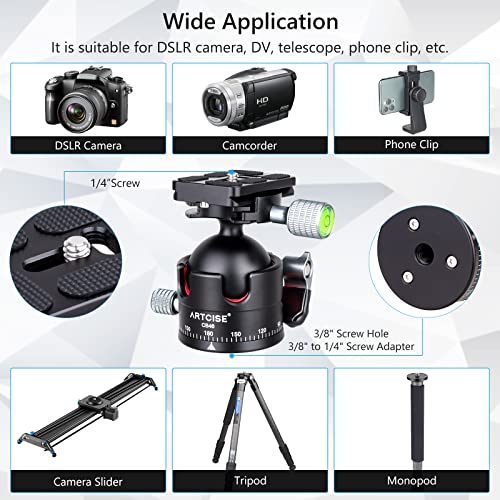 Low Profile Ball Head Heavy Duty Camera Tripod Ball Head 46Mm Diameter With Two 1/4" Quick Release Plates For Camera Tripod, Monopod, Dslr,Max Load 44Lbs /20Kg #TOP6