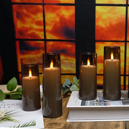 Image of kakoya Flickering Flameless Candles Battery Operated with Remote and 2 /4 /6 /8 H Timer Plexiglass Led Pillar Candles Pack of 9 (D2.3 xH5.5 6.5 inch 7.5 inch) with Realistic 3D Wick Candles for Home Decor(Grey)