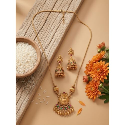 Image of Traditional Gold-Plated Lakshmi Temple Pendant Necklace Set for Women | Antique South Indian Jewelry with Jhumka Earrings | Ethnic Bridal, Wedding & Festive Jewelry Set