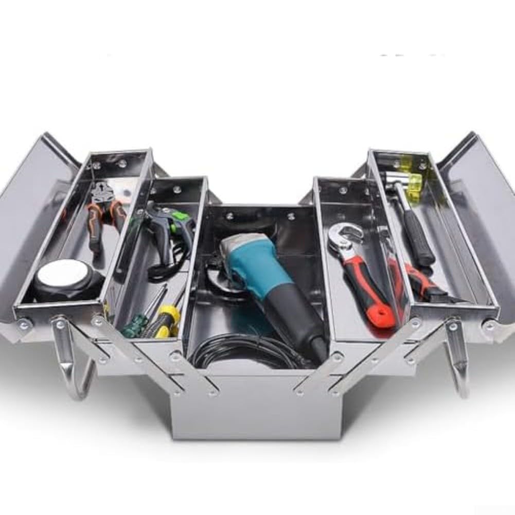 Caja de herramientas de metal de tres capas, multifuncional plegable montado en vehículo taller de almacenamiento de acero inoxidable engrosado de grado industrial (A)