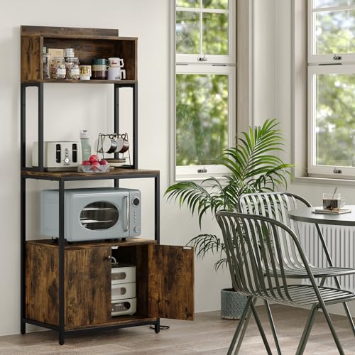 Crehomfy 5-Tier Bakers Rack with Power Outlet, Industrial Microwave Oven Stand with Storage, Kitchen Storage Shelf with Cabinet, Coffee Cart, Standing Storage Rack (Rustic Brown) - Image 4