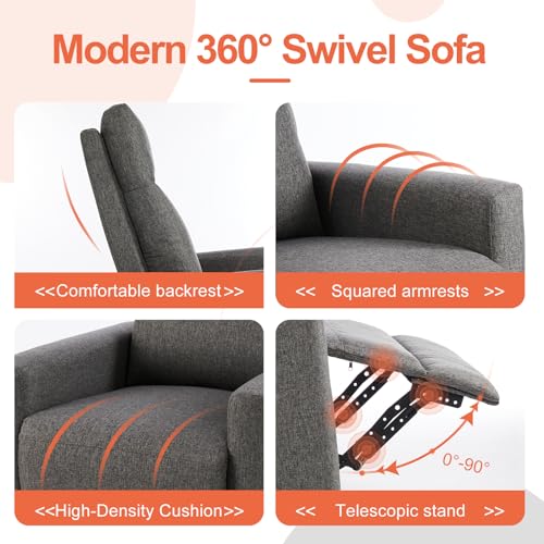 Swivel Recliner Chair, Rocking Chair Nursery, Glider Rocker Recliner, Nursery Chair with Extra Large Footrest for Living Room, High Back, Upholstered Deep Seat (Deep Gray)