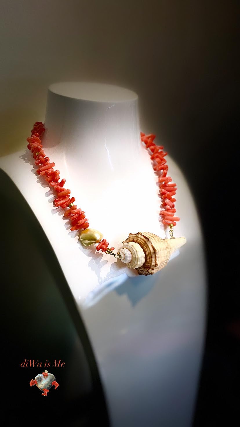 Collana Choker con Corallo Bamboo e Conchiglia Marina, 44 cm, Argento 925 Placcato Oro, Arancione