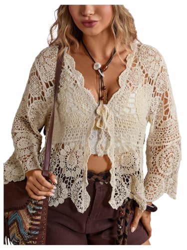 Image of SHENHE Women's Plus Size Hollow Out Cardigan Lightweight Sheer Tie Front Boho Kimono
