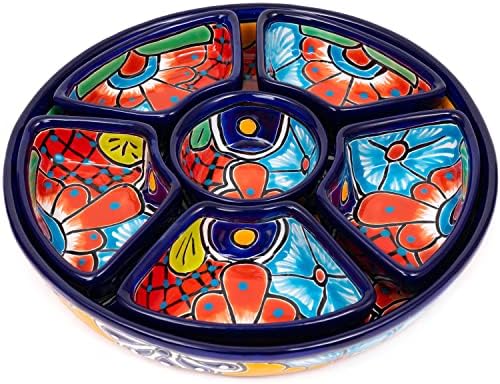 Enchanted Talavera Mexican Pottery Ceramic Large Appetizer Tray Serving Dishes Platter Dish Food Plate Condiments Organizer (Circle 7 Piece Set, Cobalt)