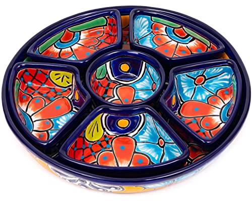 Enchanted Talavera Mexican Pottery Ceramic Large Appetizer Tray Serving Dishes Platter Dish Food Plate Condiments Organizer (Circle 7 Piece Set, Cobalt) #TOP11