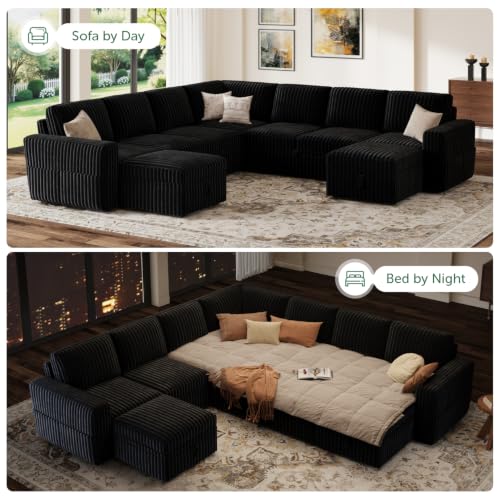 Image of HONBAY Modular Sectional Sleeper Sofa with Pull Out Bed Oversized Corduroy L Shaped Sofa Bed with Storage Couches for Living Room,Black